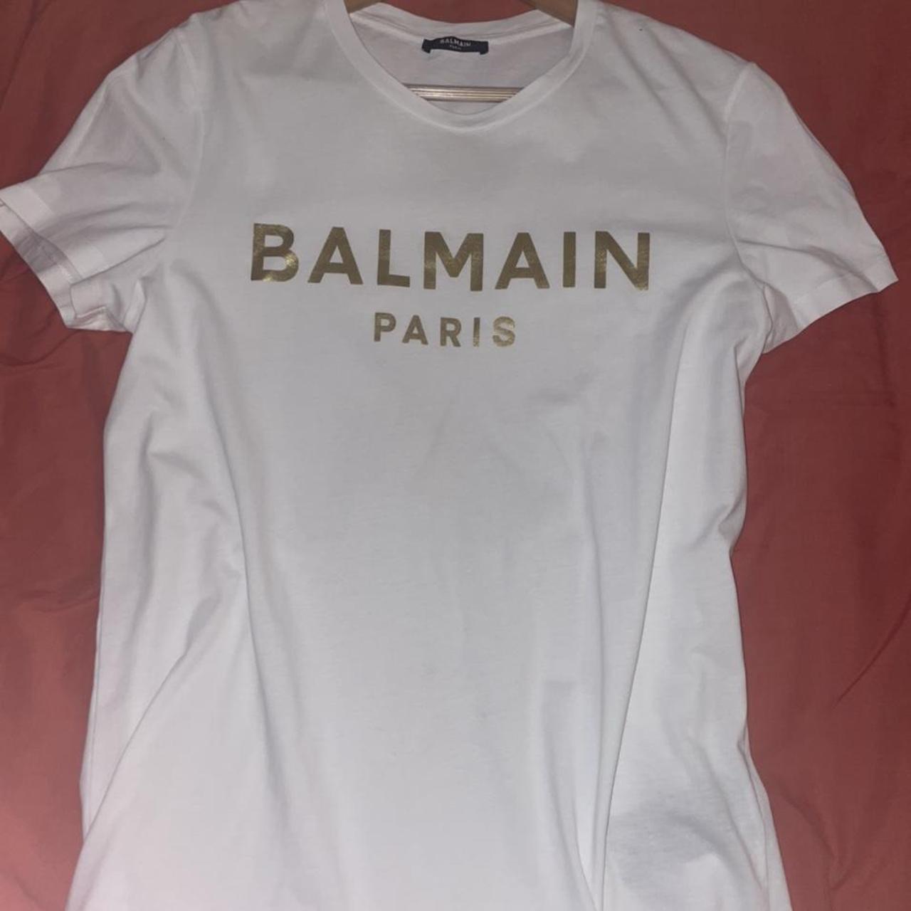 White and gold balmain Paris tshirt Medium... - Depop