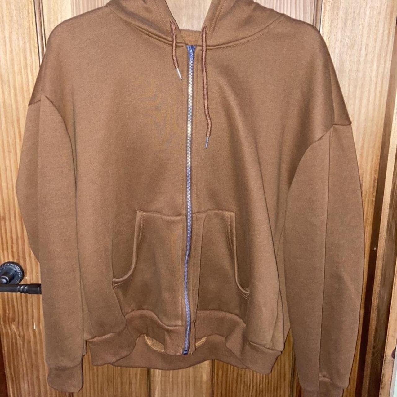 shein brown zip up hoodie labelled large but is... Depop