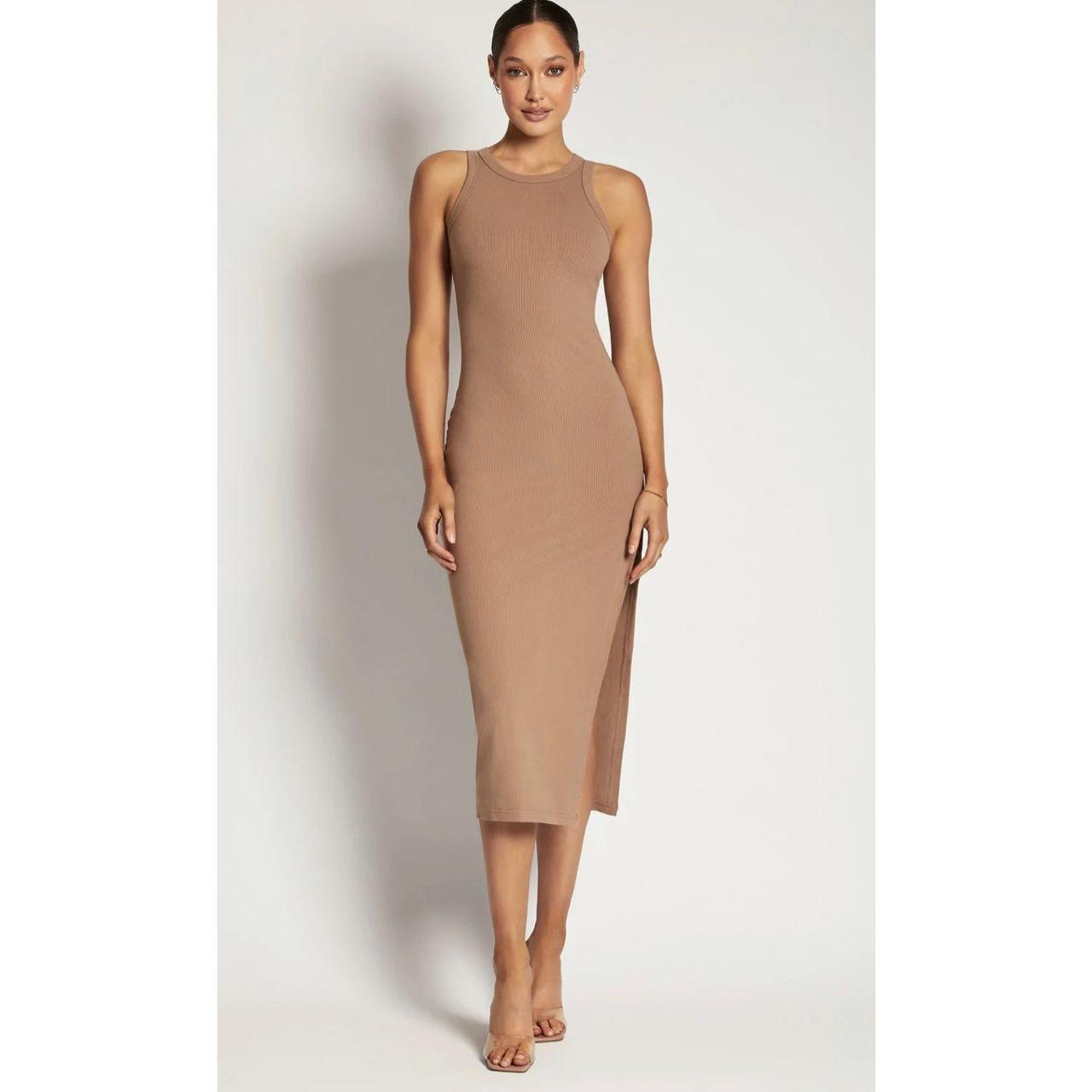 Viola Ribbed Maxi Split Racer Neck Dress - Latte S... - Depop