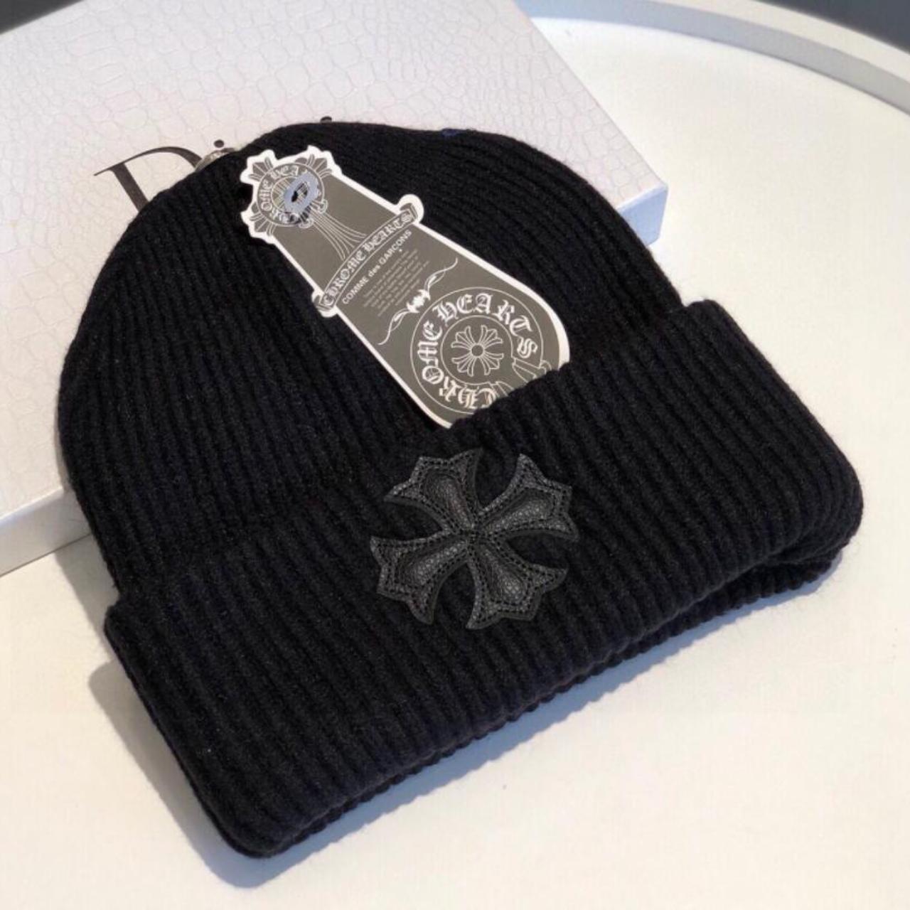 Chrome Hearts Black Beanie Hat Leather Cross Patch... - Depop