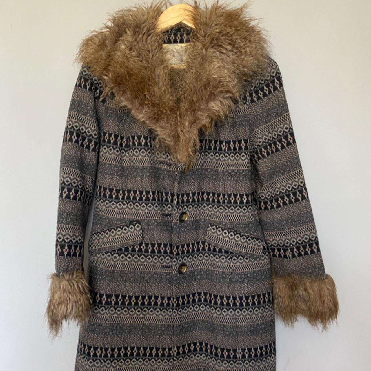 Patterned and Faux Fur Urban Outfitters Coat, Size XS - Depop