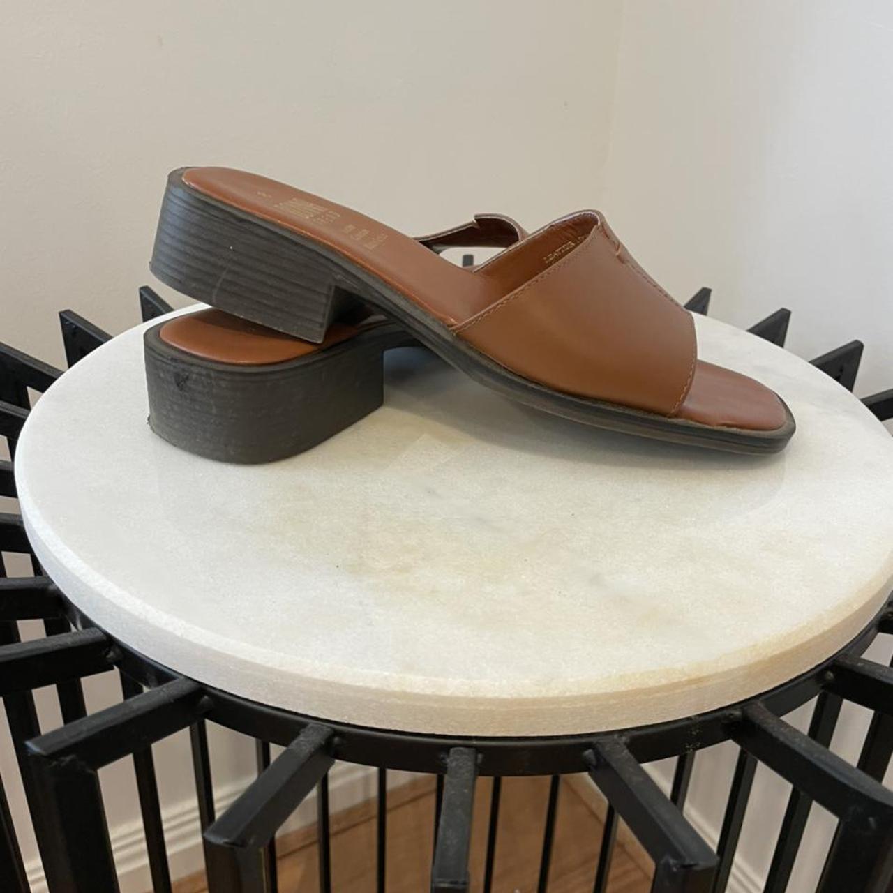 Brown leather slides / sandals with mini heel... Depop
