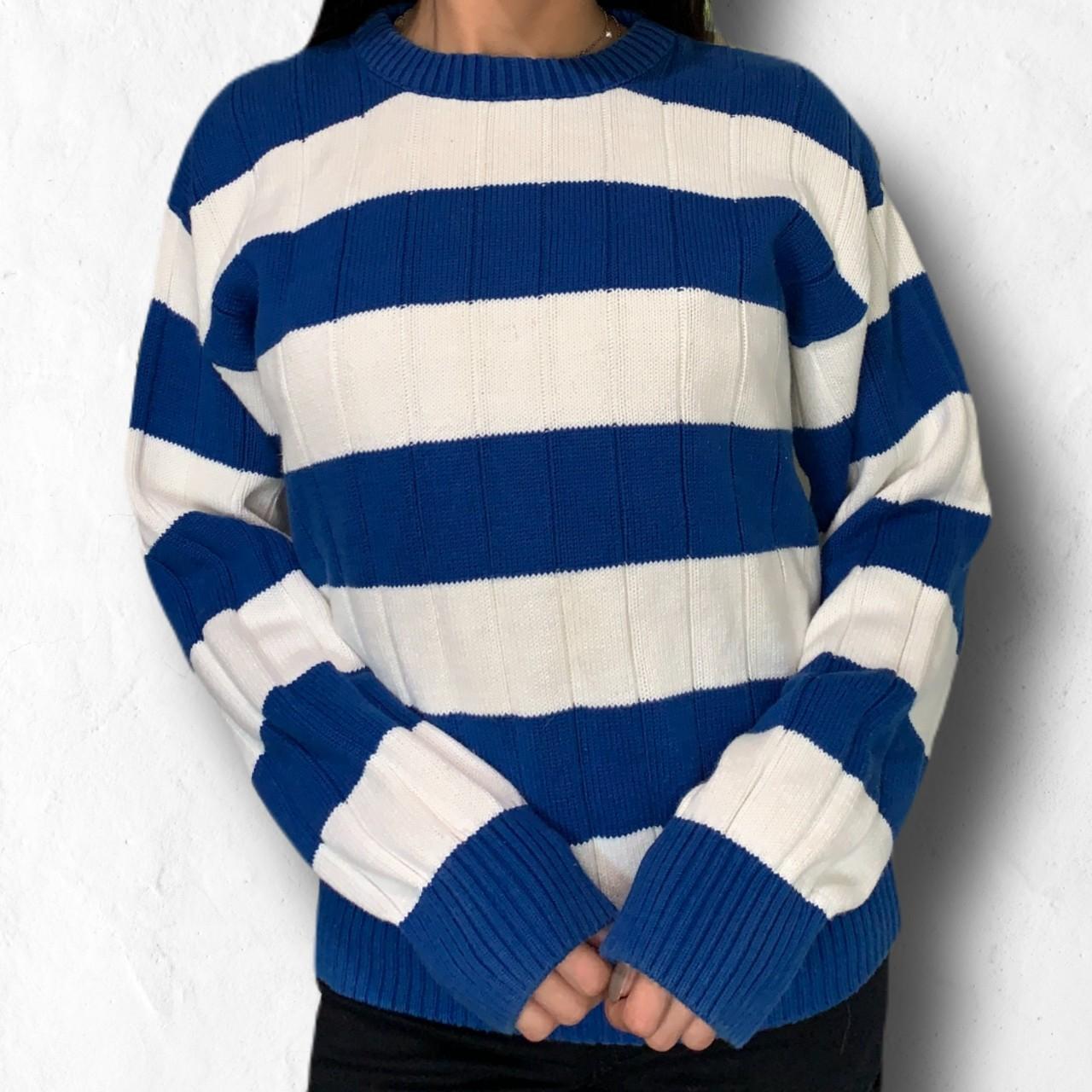 white sweater with blue stripes on sleeves great - Depop