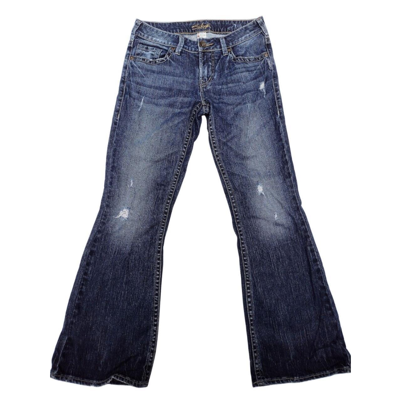 Silver Dark Wash Blue Denim Skinny Boot Cut Jeans... - Depop