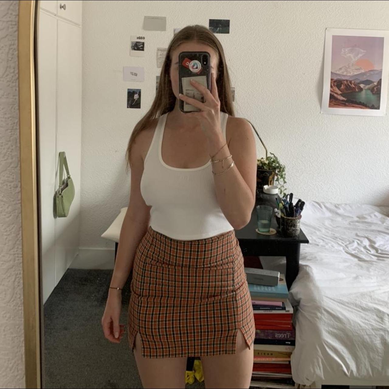 Brandy Melville orange black and green check mini... Depop