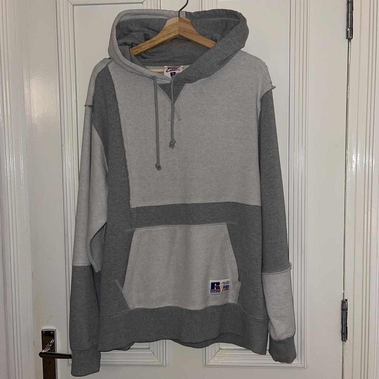 Russell Athletic grey patchwork hoodie, size... - Depop