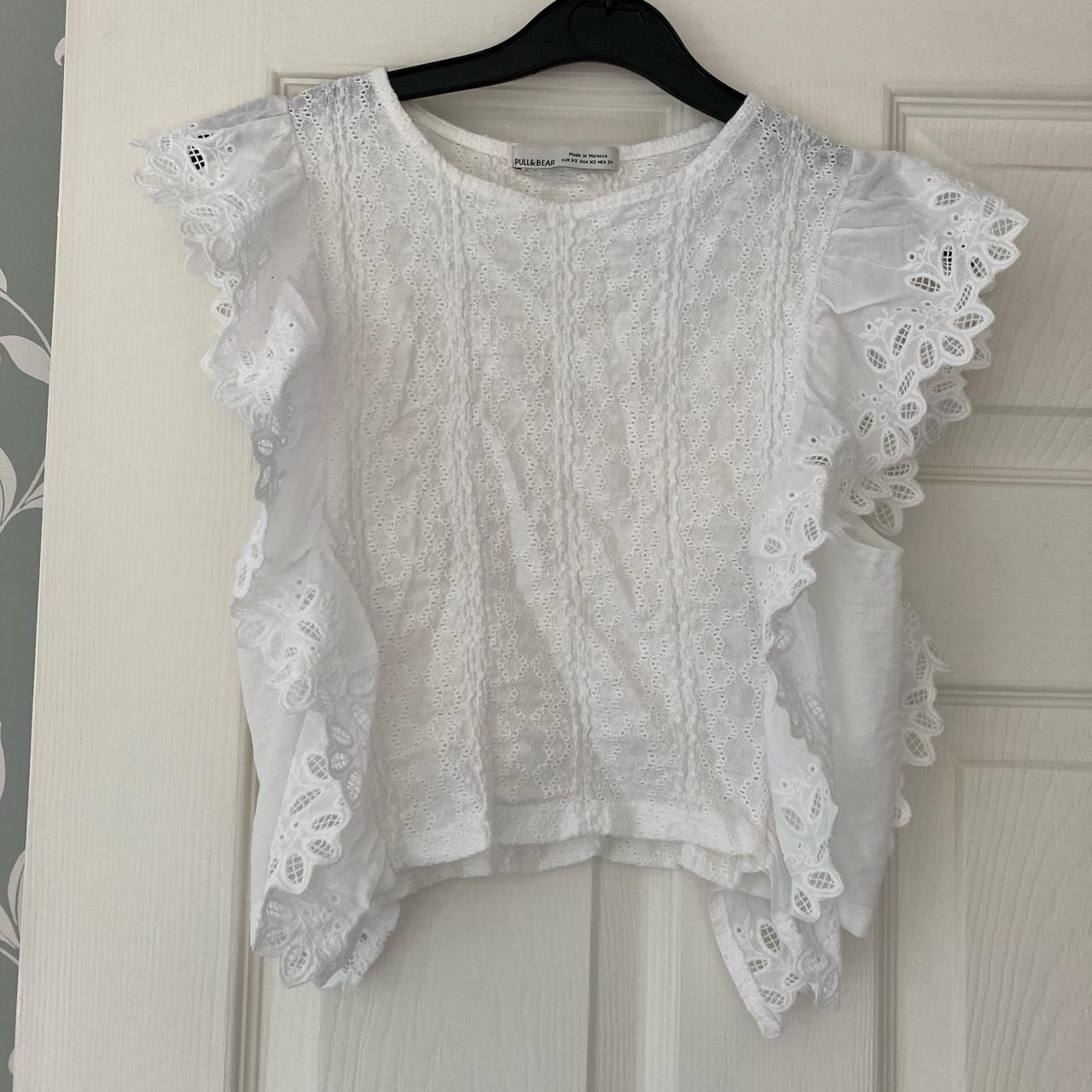 Pull and Bear white embroidered frill sleeve cropped... - Depop