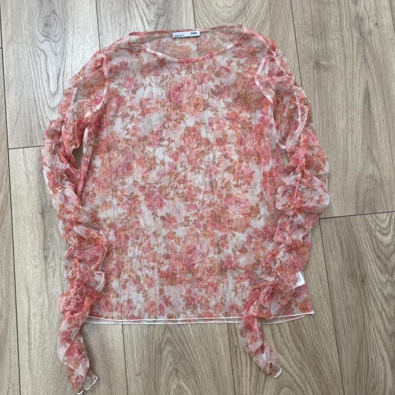 Zara Orange/Pink Floral Mesh Ruched Sleeve Top Depop