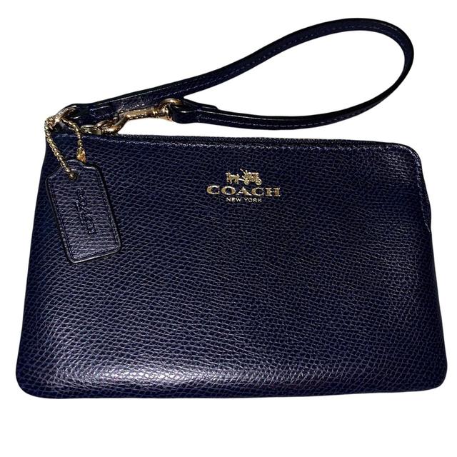 Coach Dark Navy Blue Leather Wristlet Wallet in Depop