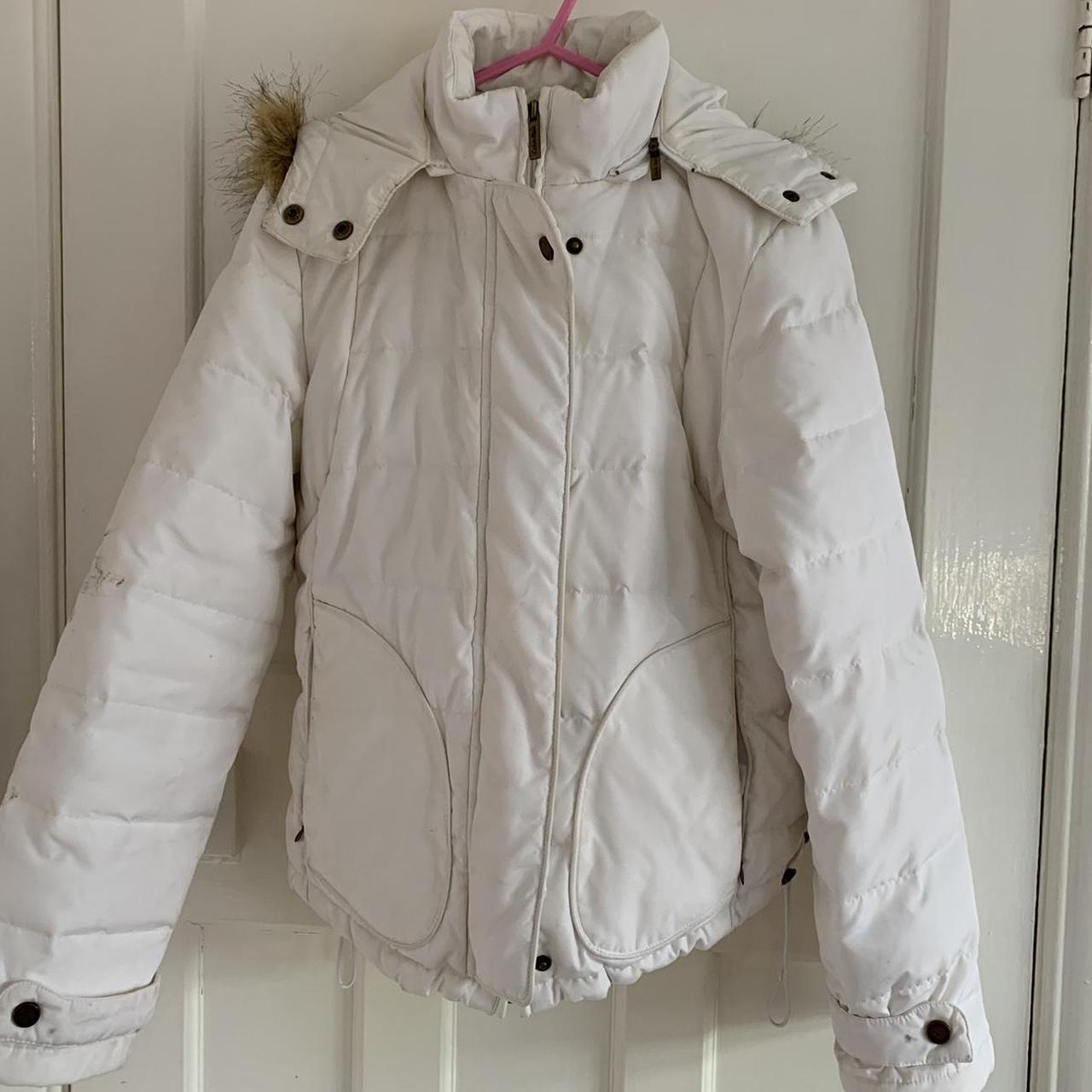 Calvin Klein White Puffer Coat with Fur Trim... - Depop