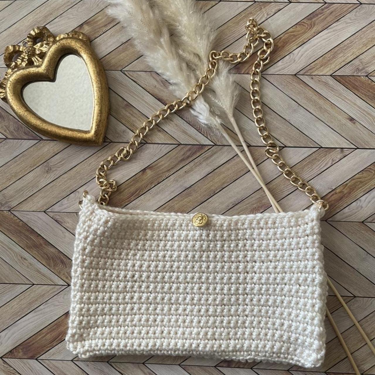Small crochet off white shoulder bag with gold chain. Depop