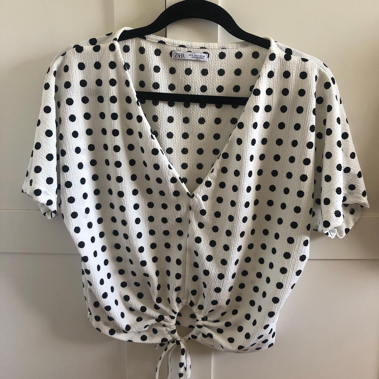 Womens ZARA Polka Dot Tie Up Bow Pearl Button Detail - Depop