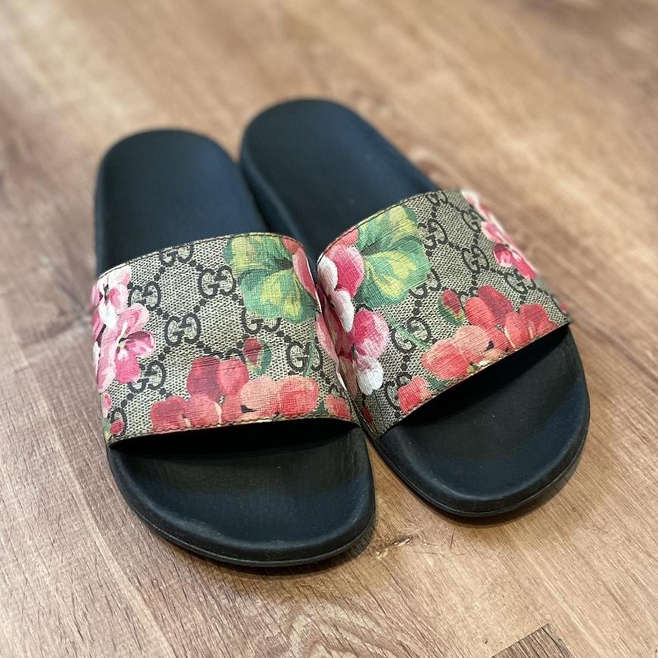 Gucci Floral Slides, slightly worn on the bottoms,... - Depop