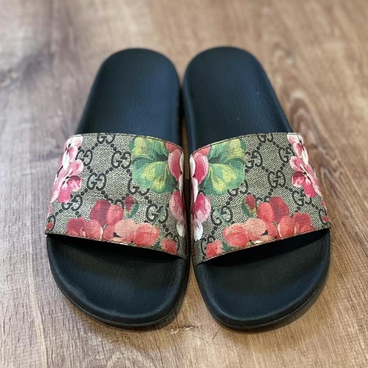 Gucci Floral Slides, slightly worn on the bottoms,... - Depop
