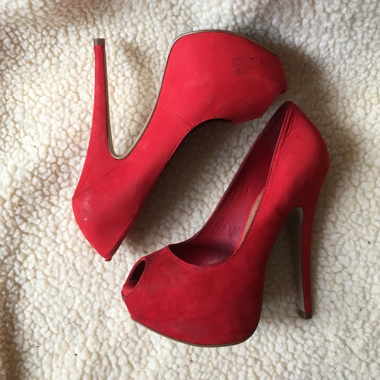 Office red platform, peep toe, high heels. Worn... - Depop