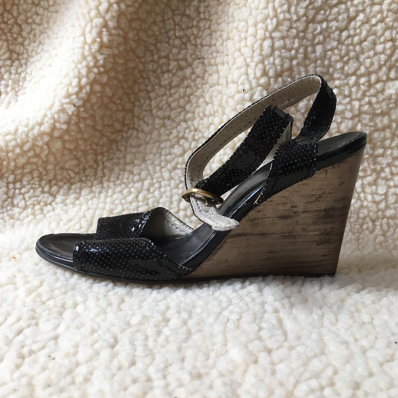 Oasis black wedge sandals. Patent worn perforations... - Depop
