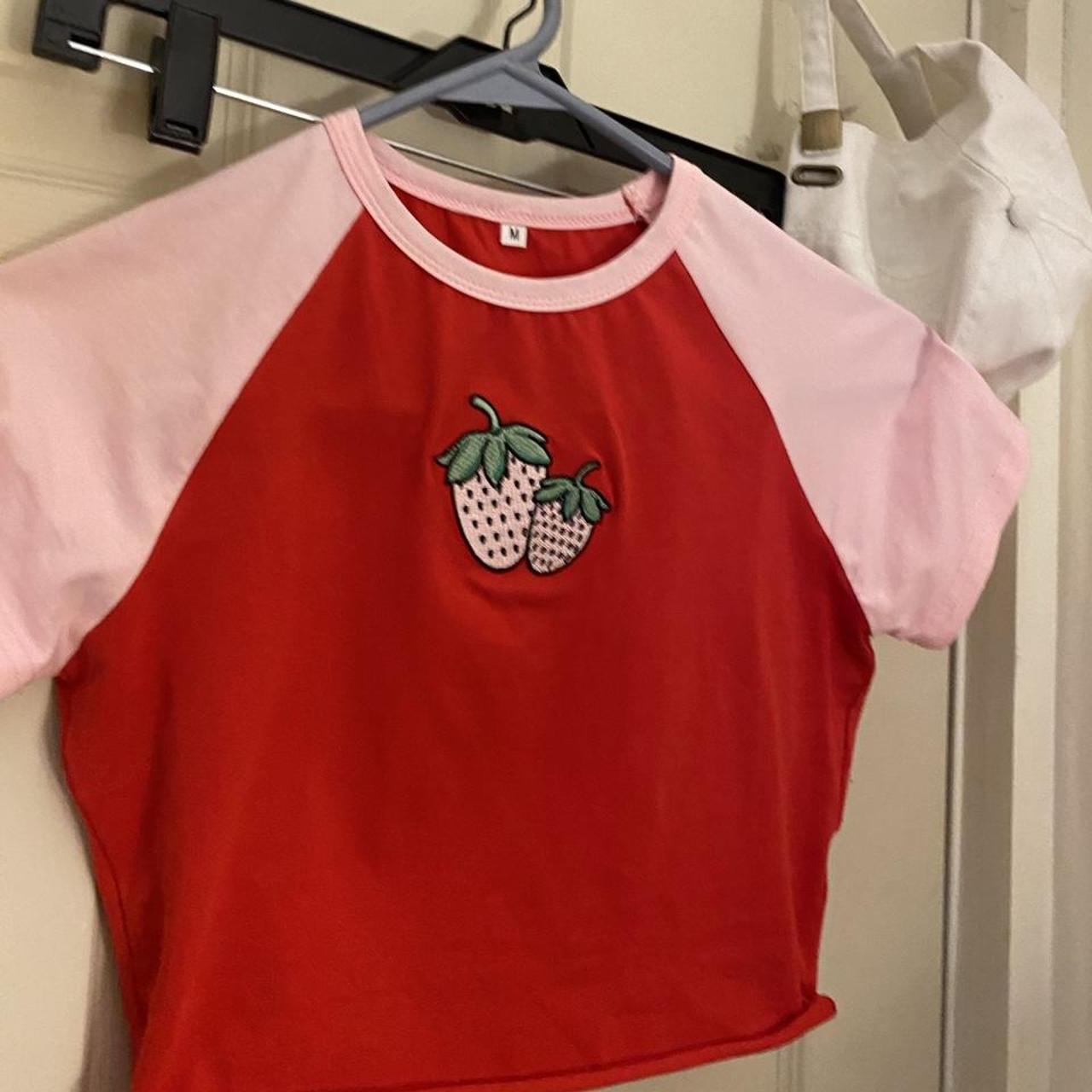 super cute strawberry crop top! tag says m but fits... - Depop