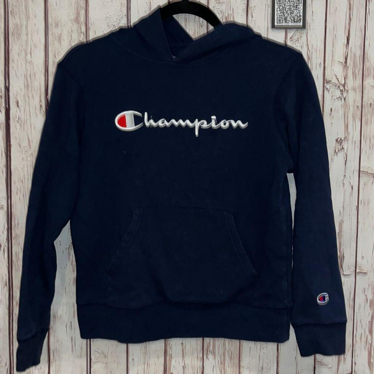 Champion Hoodie Navy/White Embroidered Logo Boys... - Depop