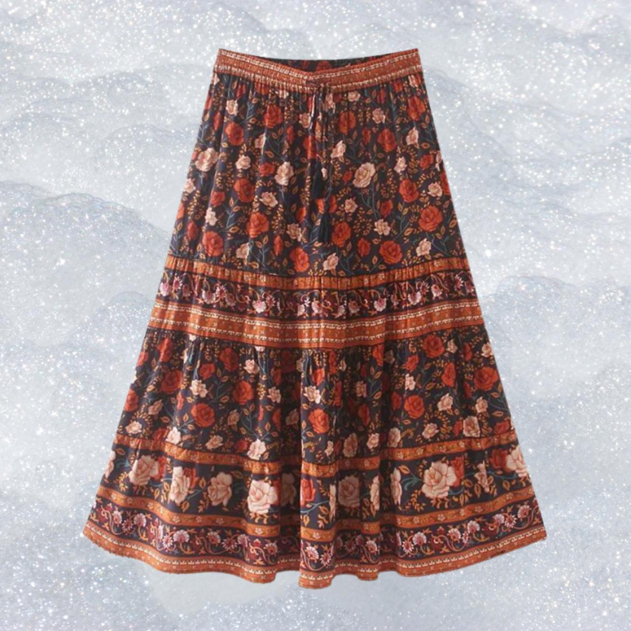 Bohemian flower print long skirt, ruffle hem lacing... - Depop