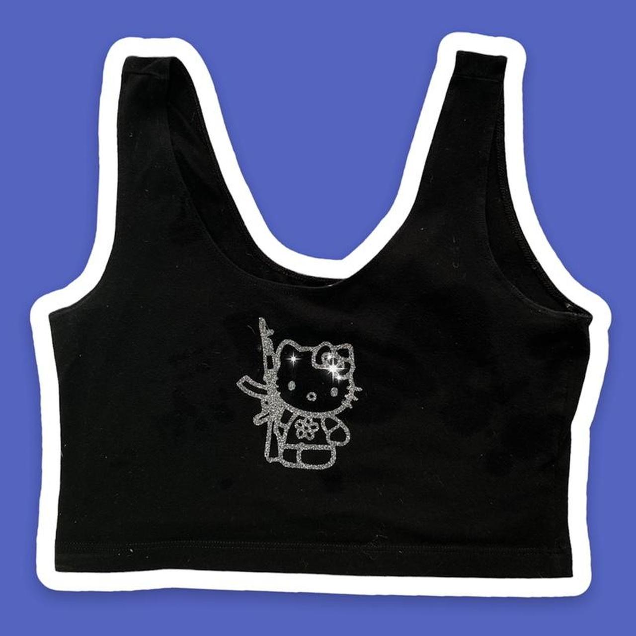 SPARKLE BLACK HELLO KITTY GUN PRINT TANK TOP... - Depop