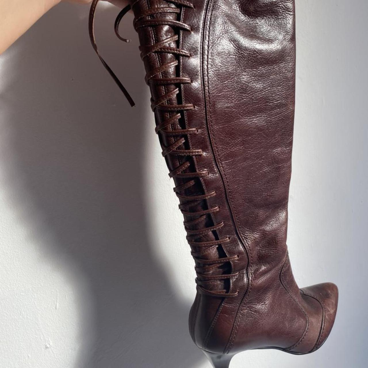 Vintage Brown leather calf boots with lace up back... - Depop