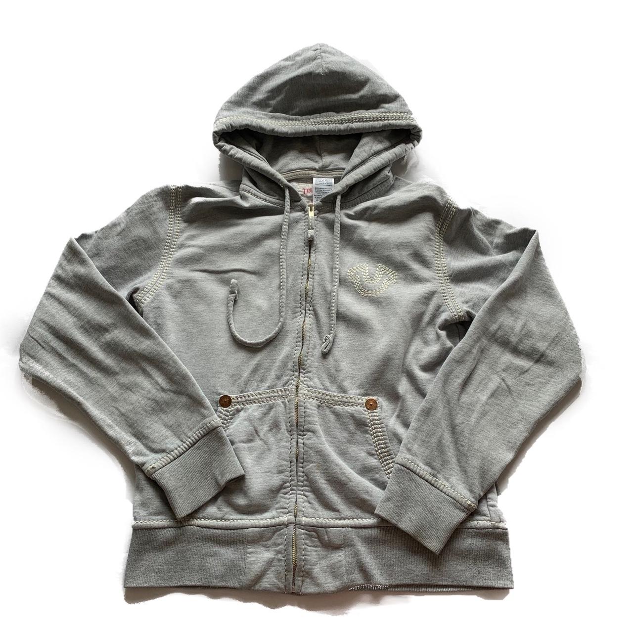Grey true Religion triple stitch zip up hoodie Size... - Depop