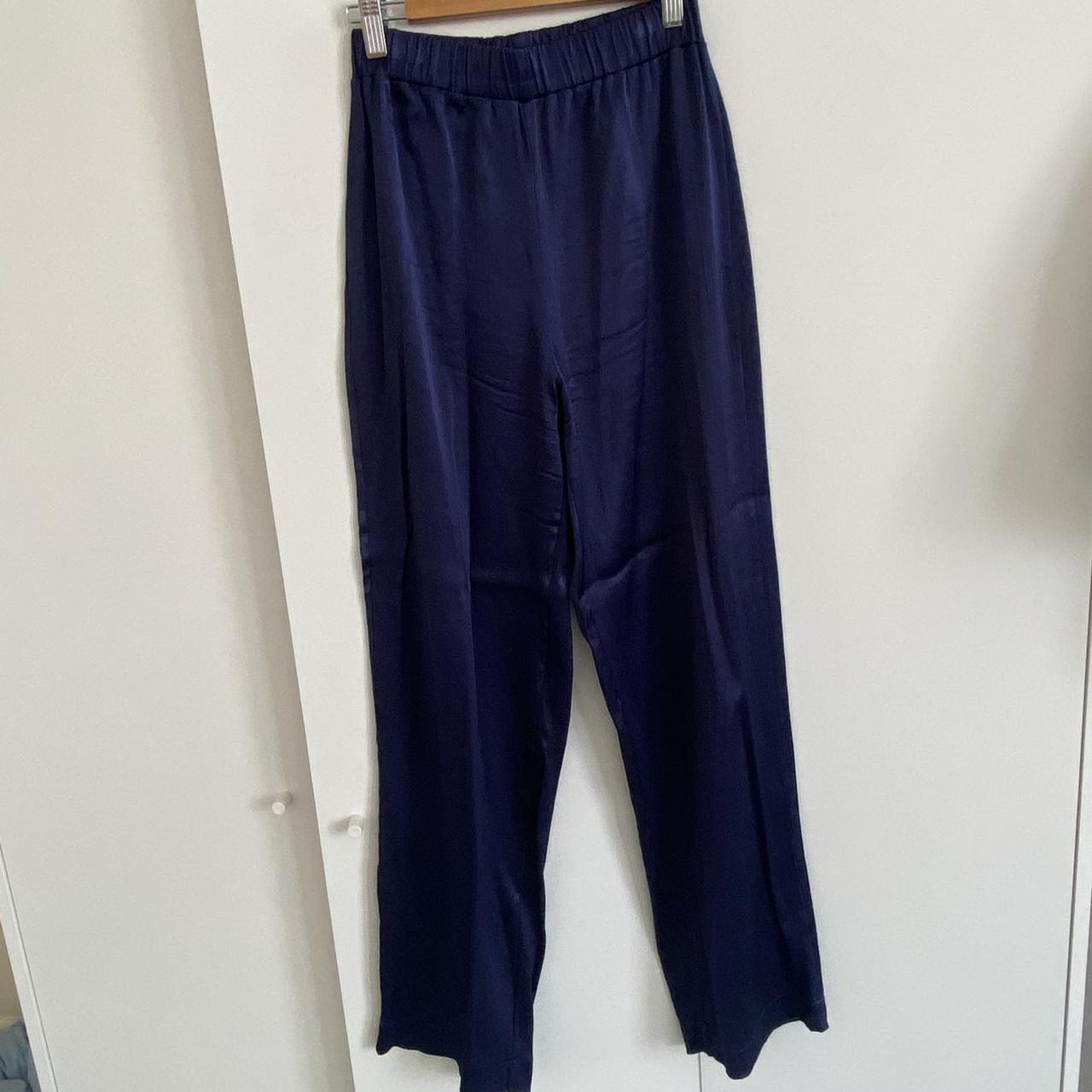 Zara navy blue satin trousers Size small - Depop