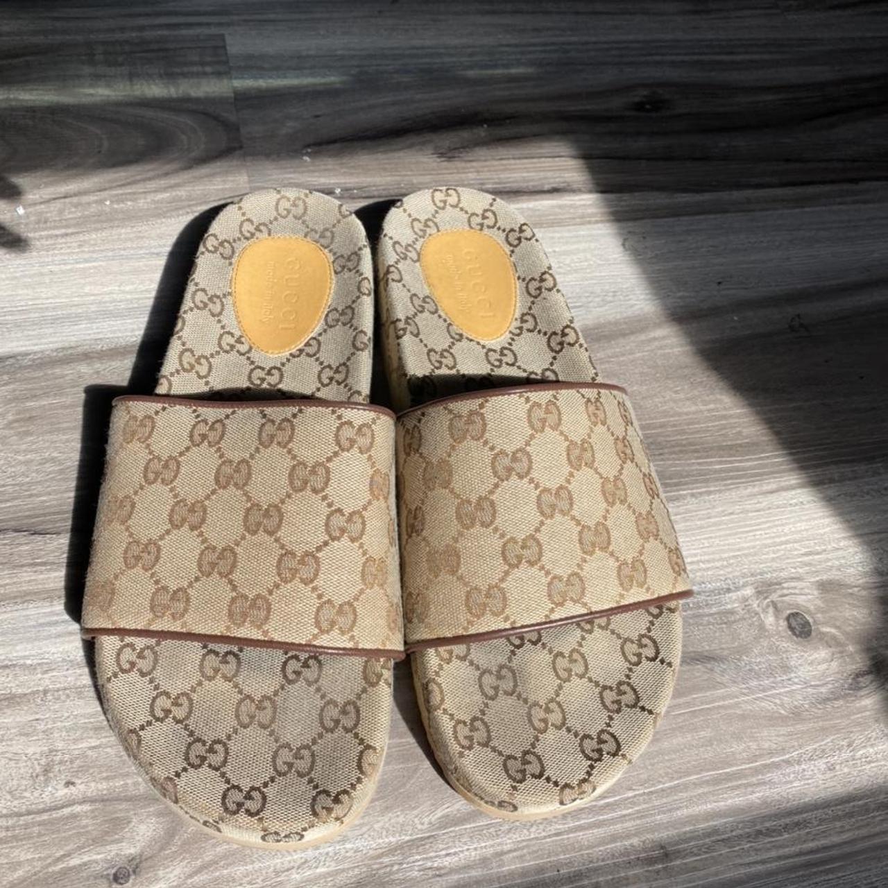 Gently worn tan/brown pair of Gucci slides. Size 10... - Depop