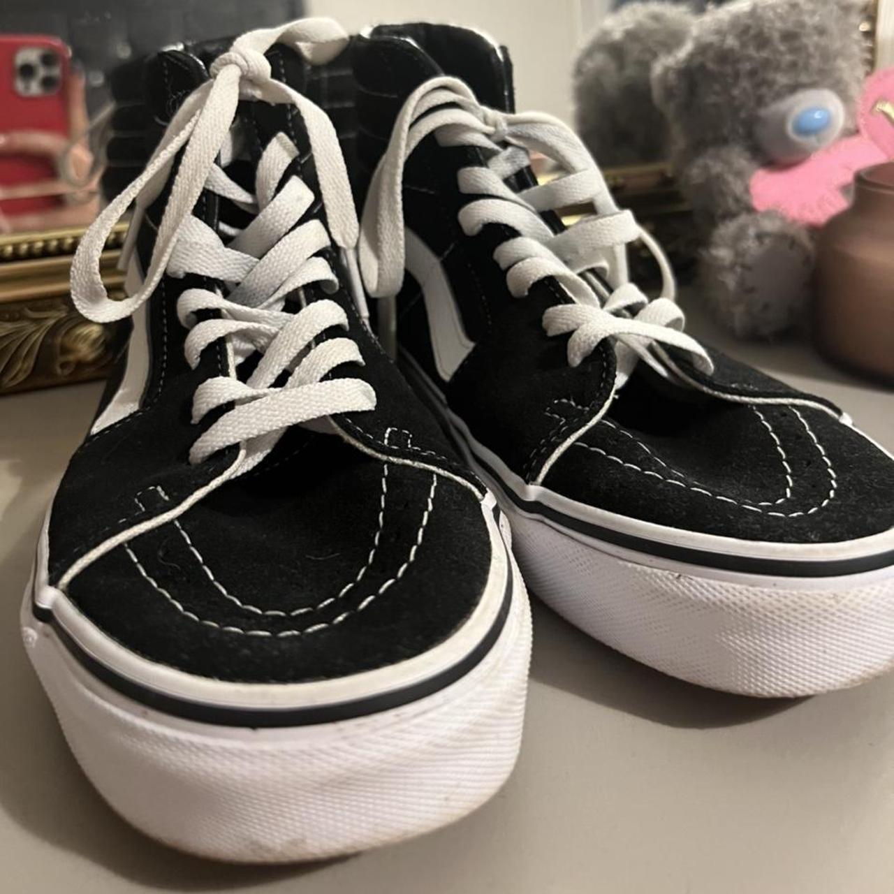 High Top Vans. - Black high tops with white... - Depop