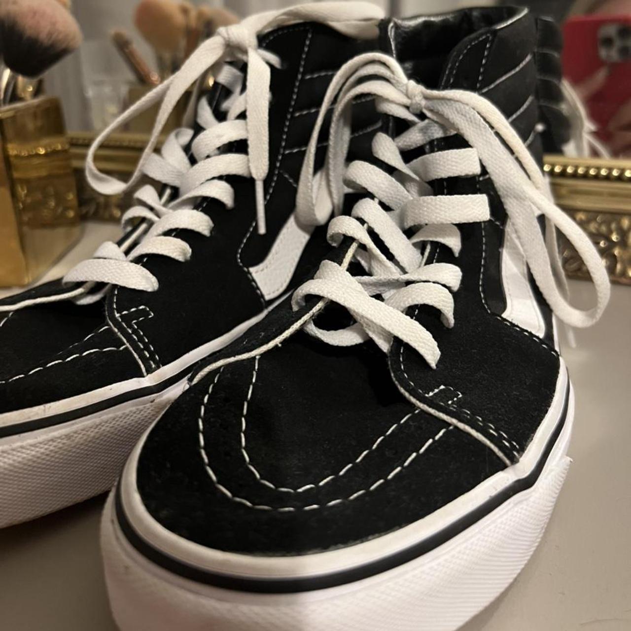 High Top Vans. - Black high tops with white... - Depop