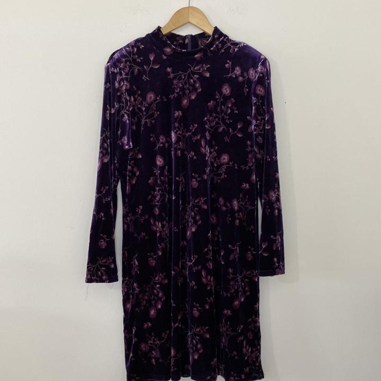 Vintage Velvet Dress Purple Floral Mock Neck Long... - Depop