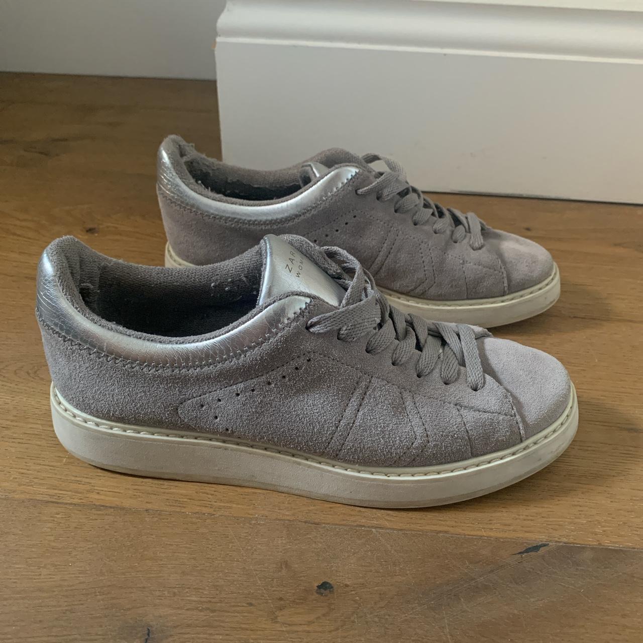 Zara grey suede and silver trainers in size 5 Good... - Depop