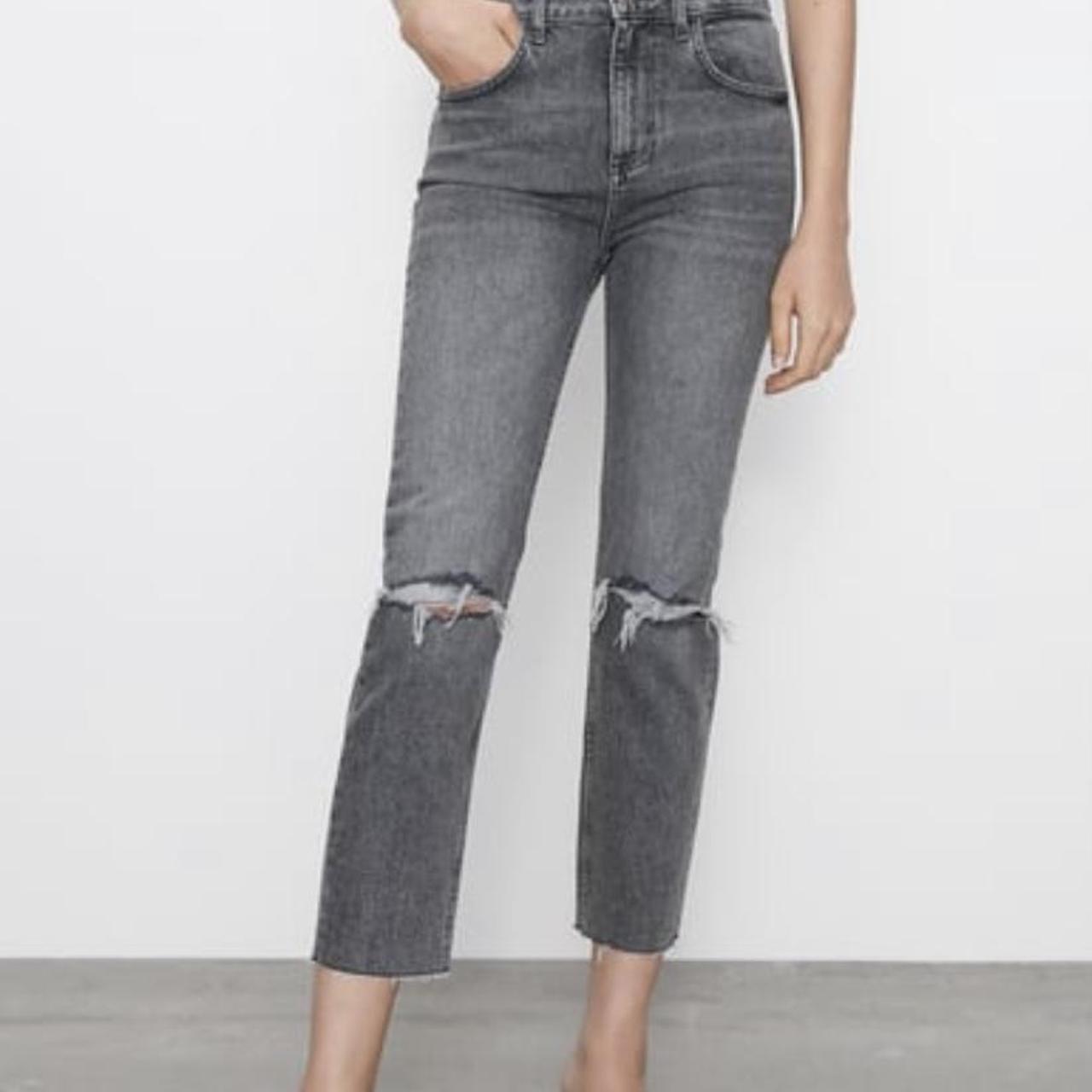 Zara grey Slim fit high rise jeans with rips size 6.... - Depop