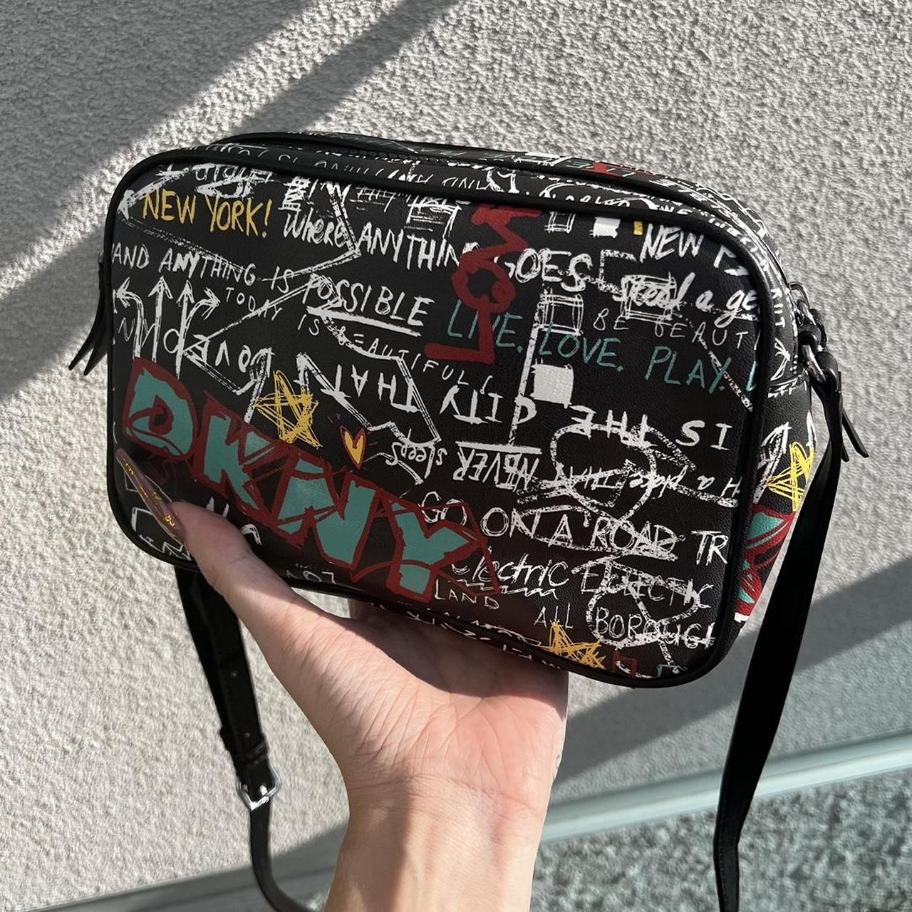 DKNY Black Graffiti Erin Camera Crossbody Shoulder... Depop