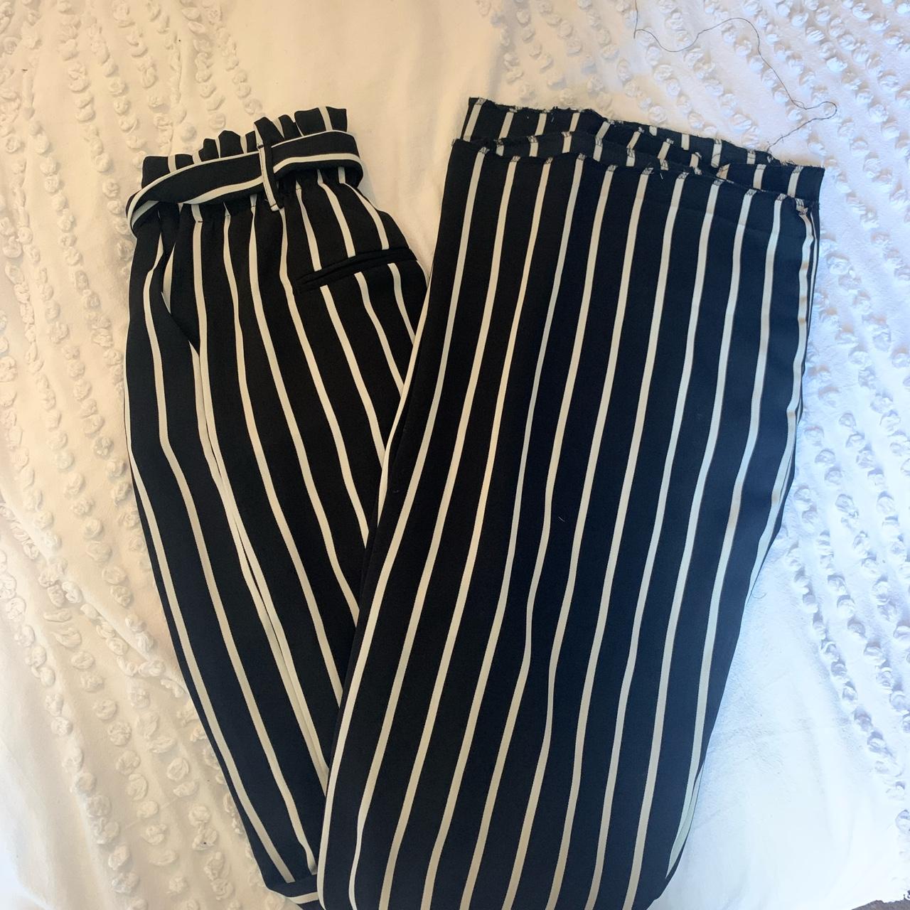 Bershka high waisted black and white stripe trousers... - Depop