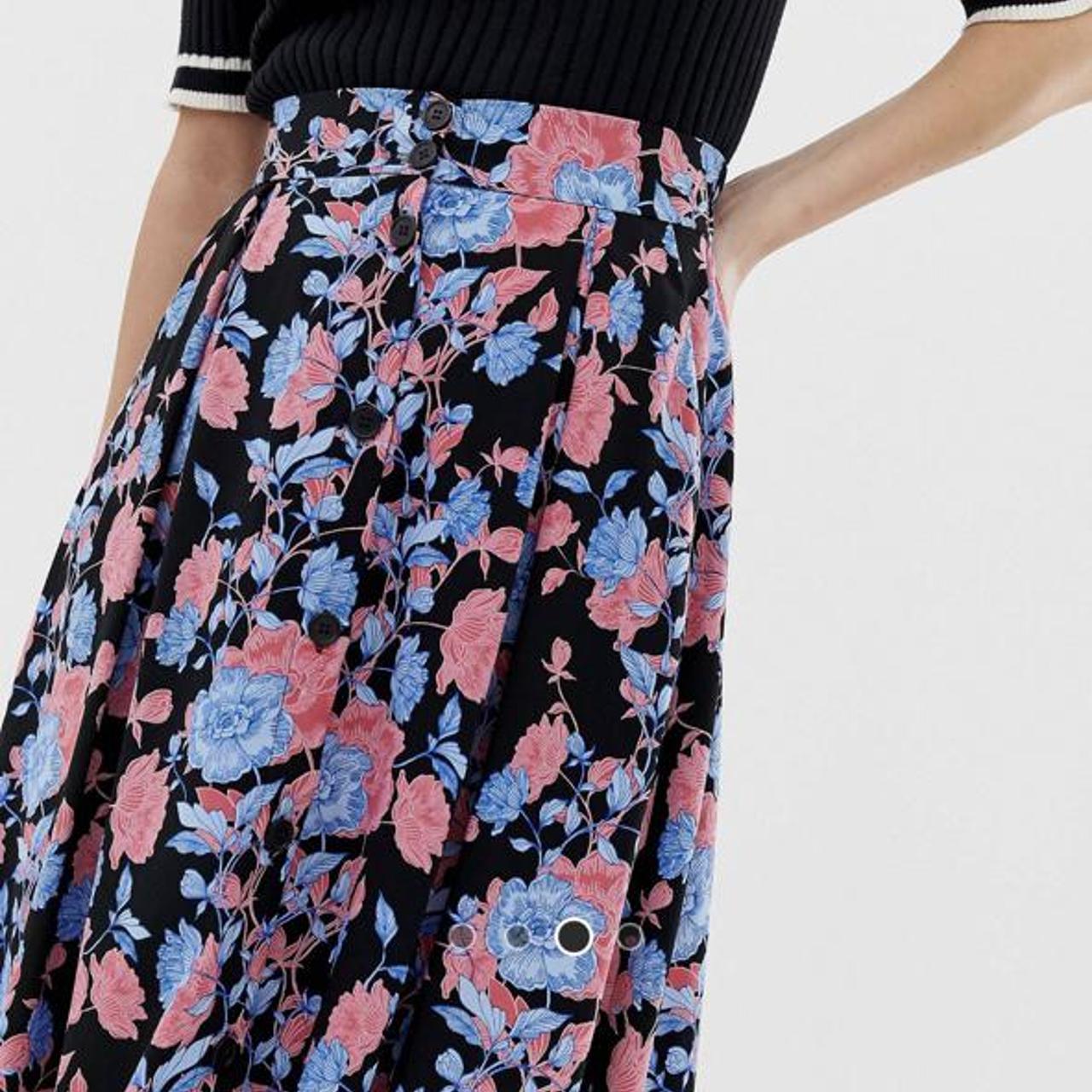 Monki Midi Skirt In Rose Print Purple And Pink Midi Depop