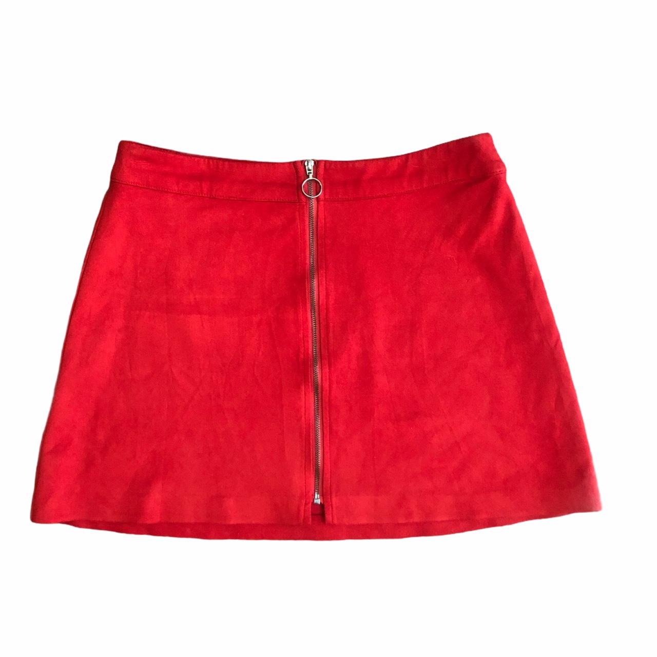 H&M faux suede red mini skirt. Red mini skirt with... Depop
