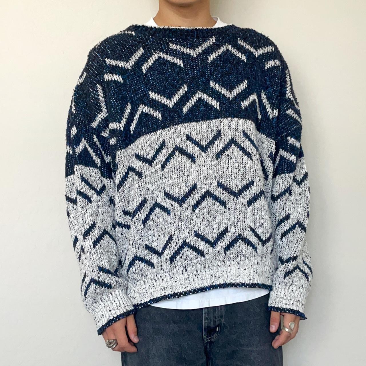 Vintage Sweater Blue/white Men’s Patterned sweater... - Depop