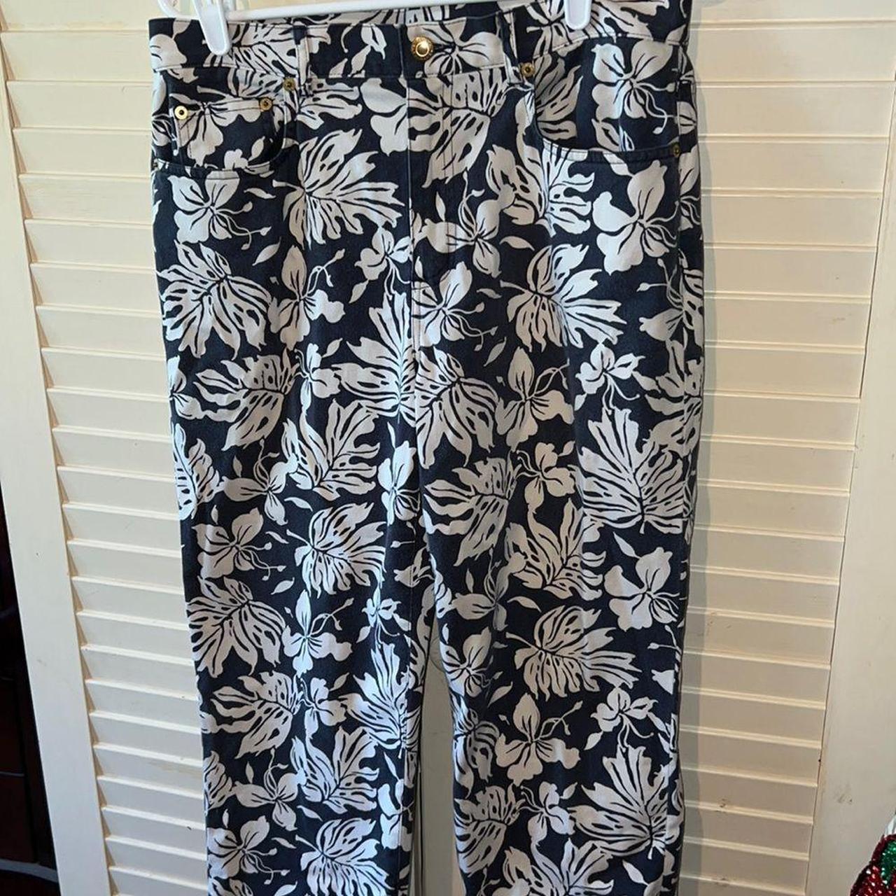 Chaps tropical floral cropped pants, blue and white,... Depop