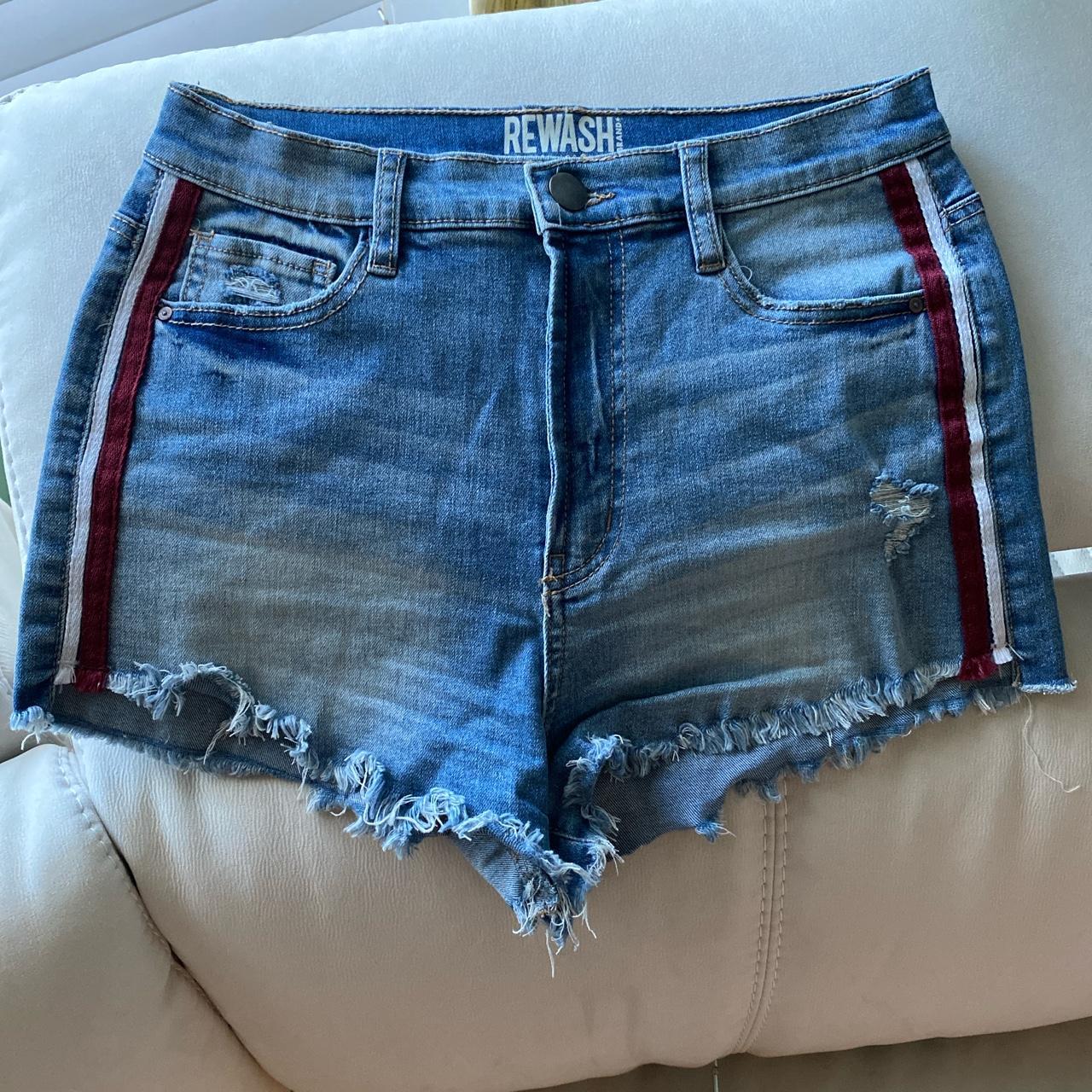 High waisted booty jeans shorts with white/red... - Depop