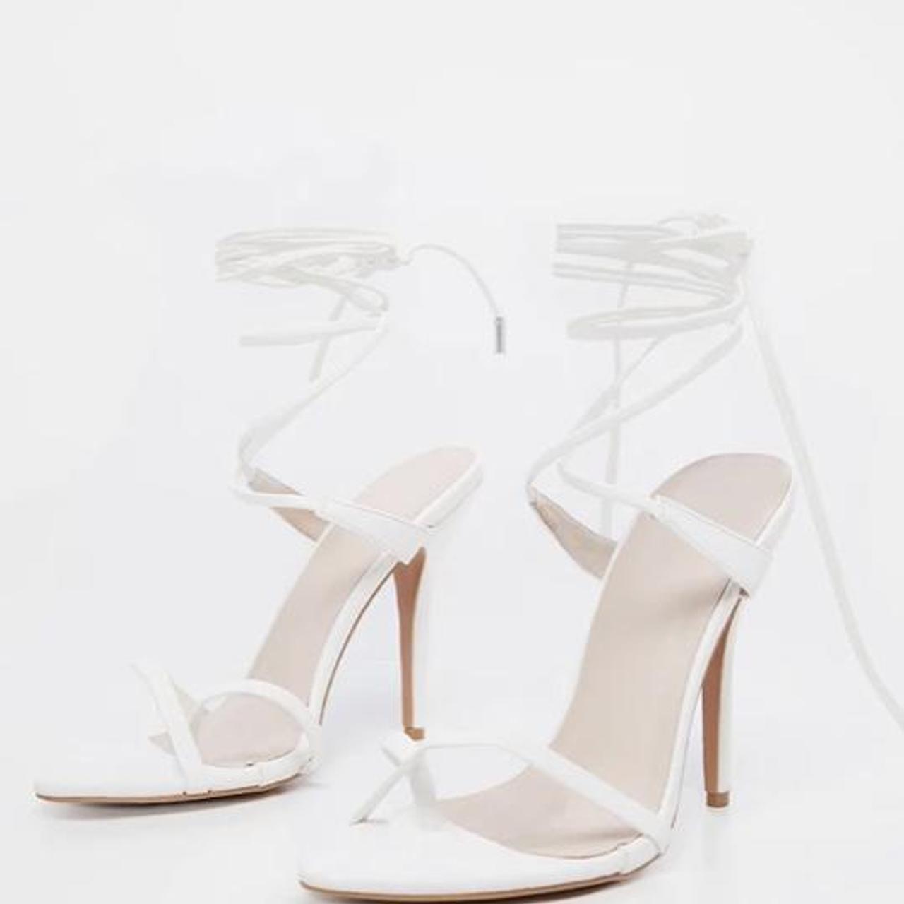 PRETTY LITTLE THING - white mid heel toe loop ankle... - Depop
