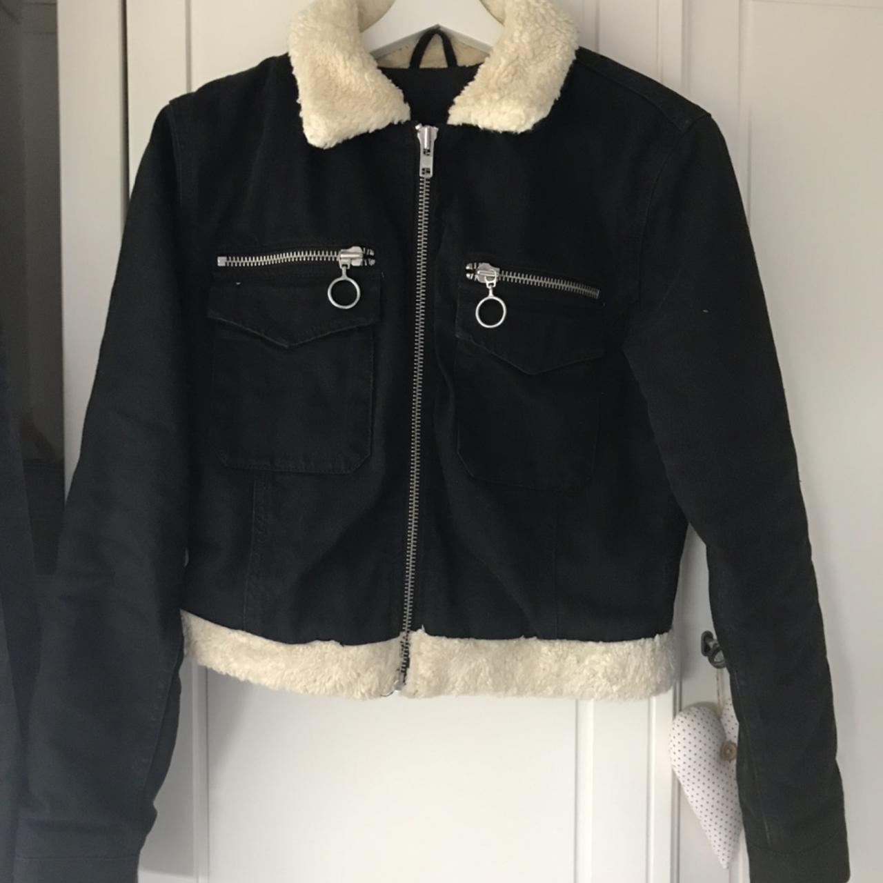 fur trimmed sherling black denim jacket Depop