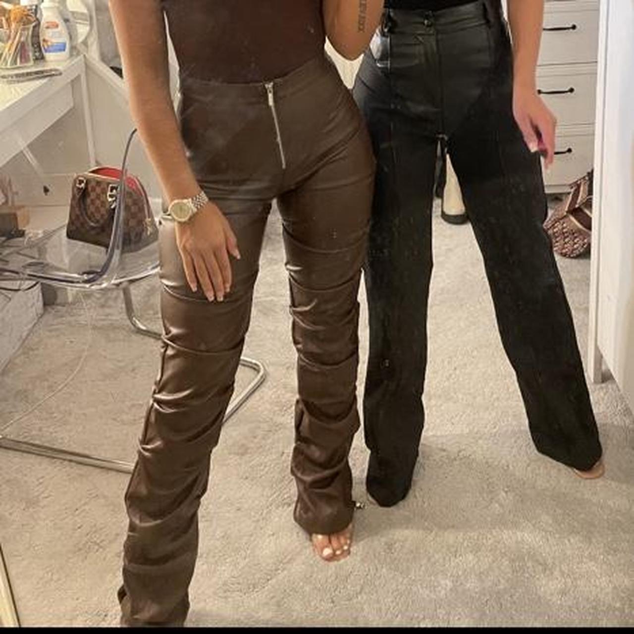 Tacked Vegan Leather Flared Trousers - Chocolate Brown