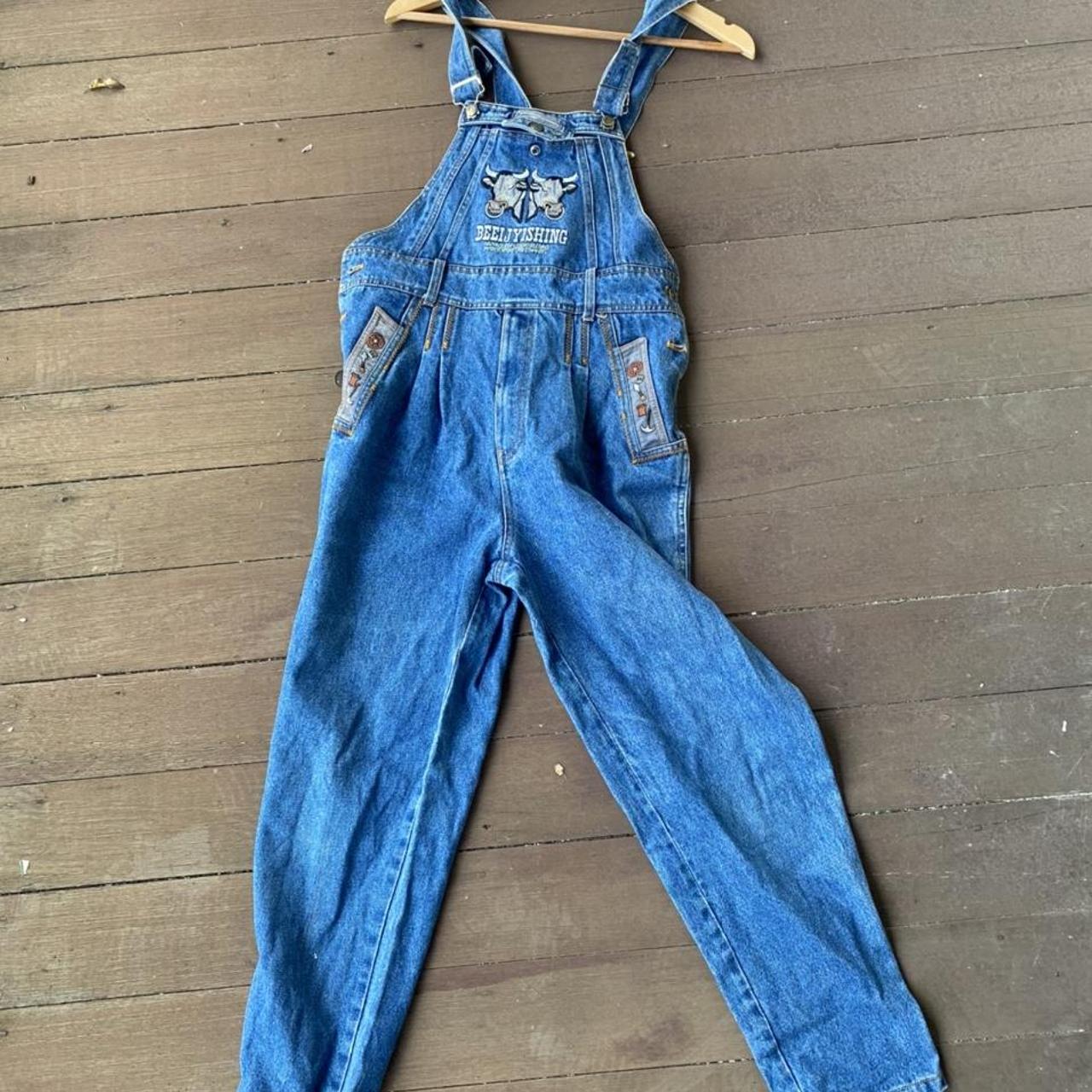 Amazing long denim overalls with stitched embroidery... - Depop