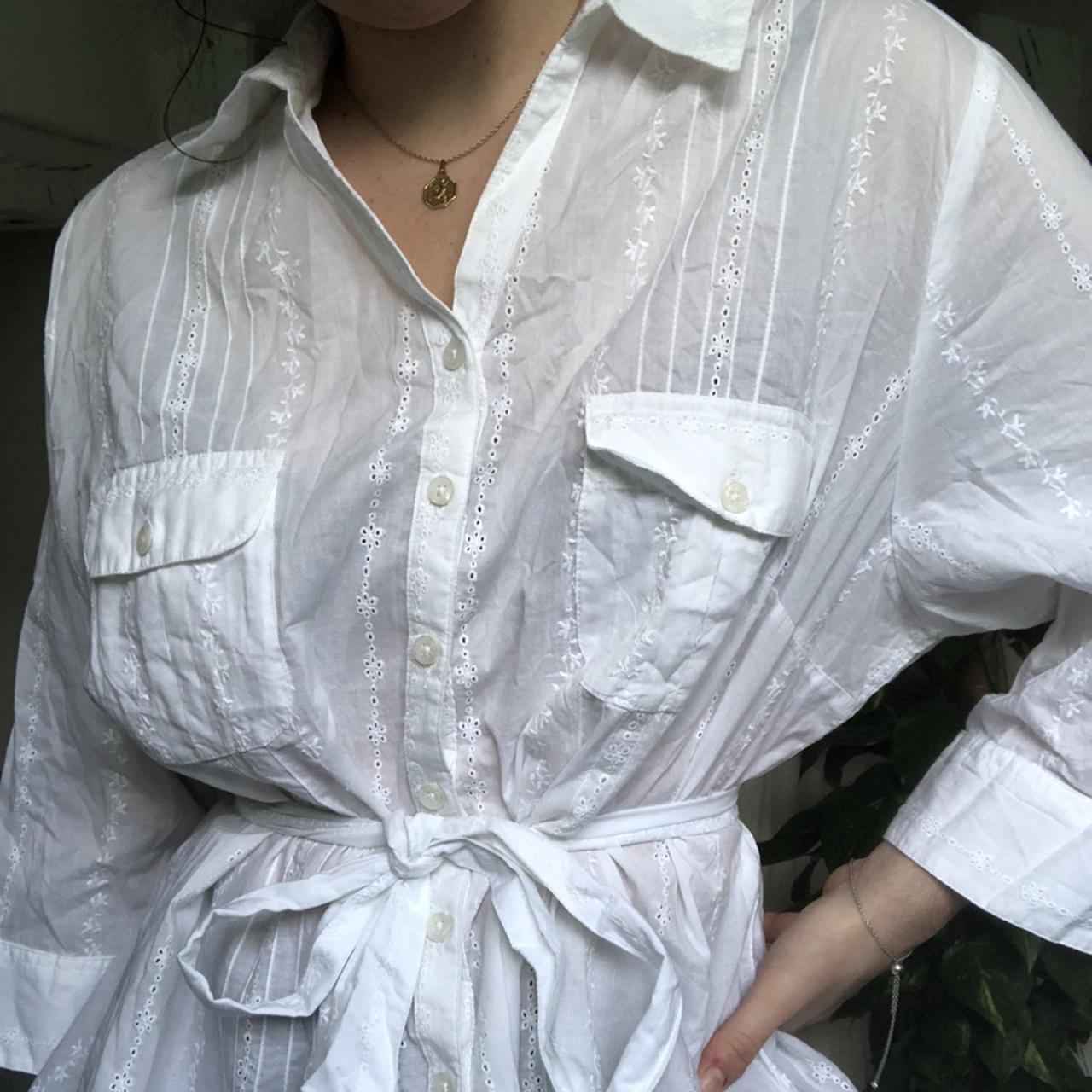 Adorable vintage white belted shirt with lace flower... - Depop