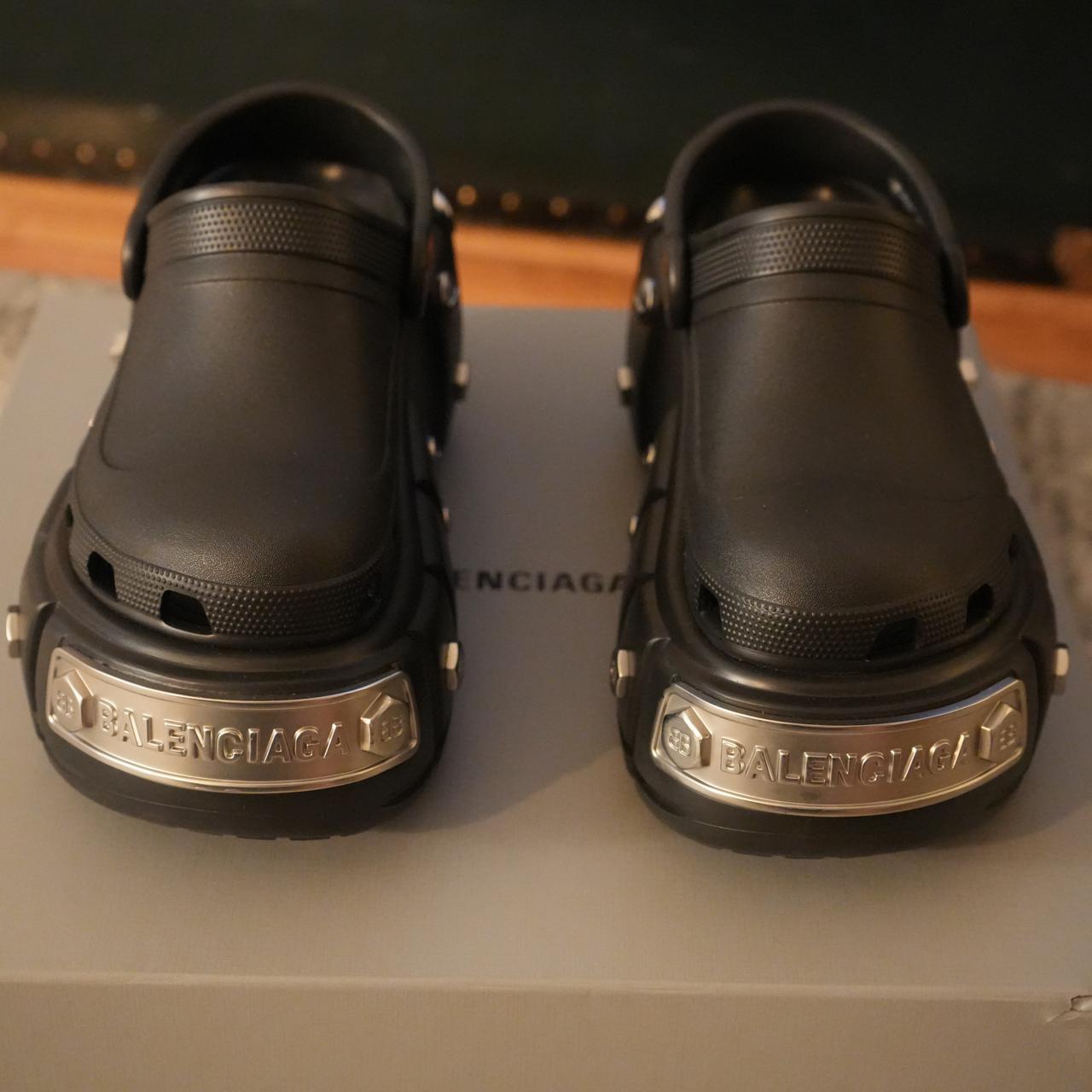 BALENCIAGA BLACK/ SILVER HARDCROCS SLIDE RUBBER... - Depop