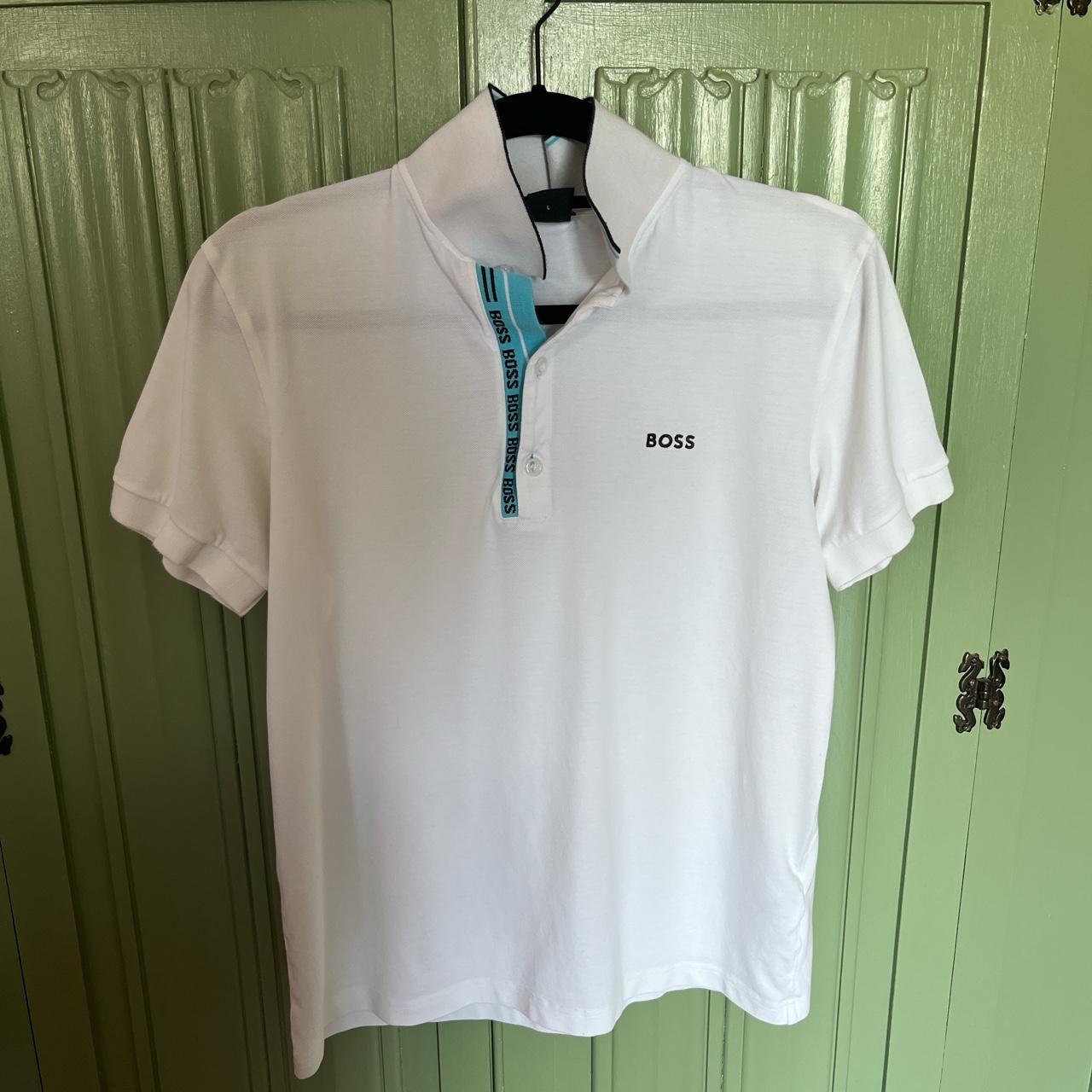 White Boss Polo Top WORN ONCE size L #boss #polo... - Depop