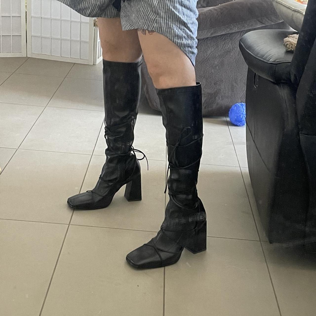 black knee high square toe boots size US... - Depop