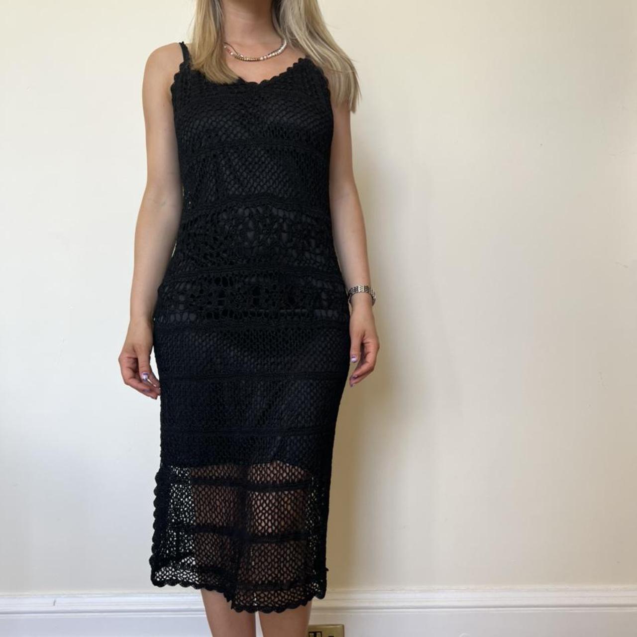 Crochet maxi dress. Black crochet dress with silky... Depop