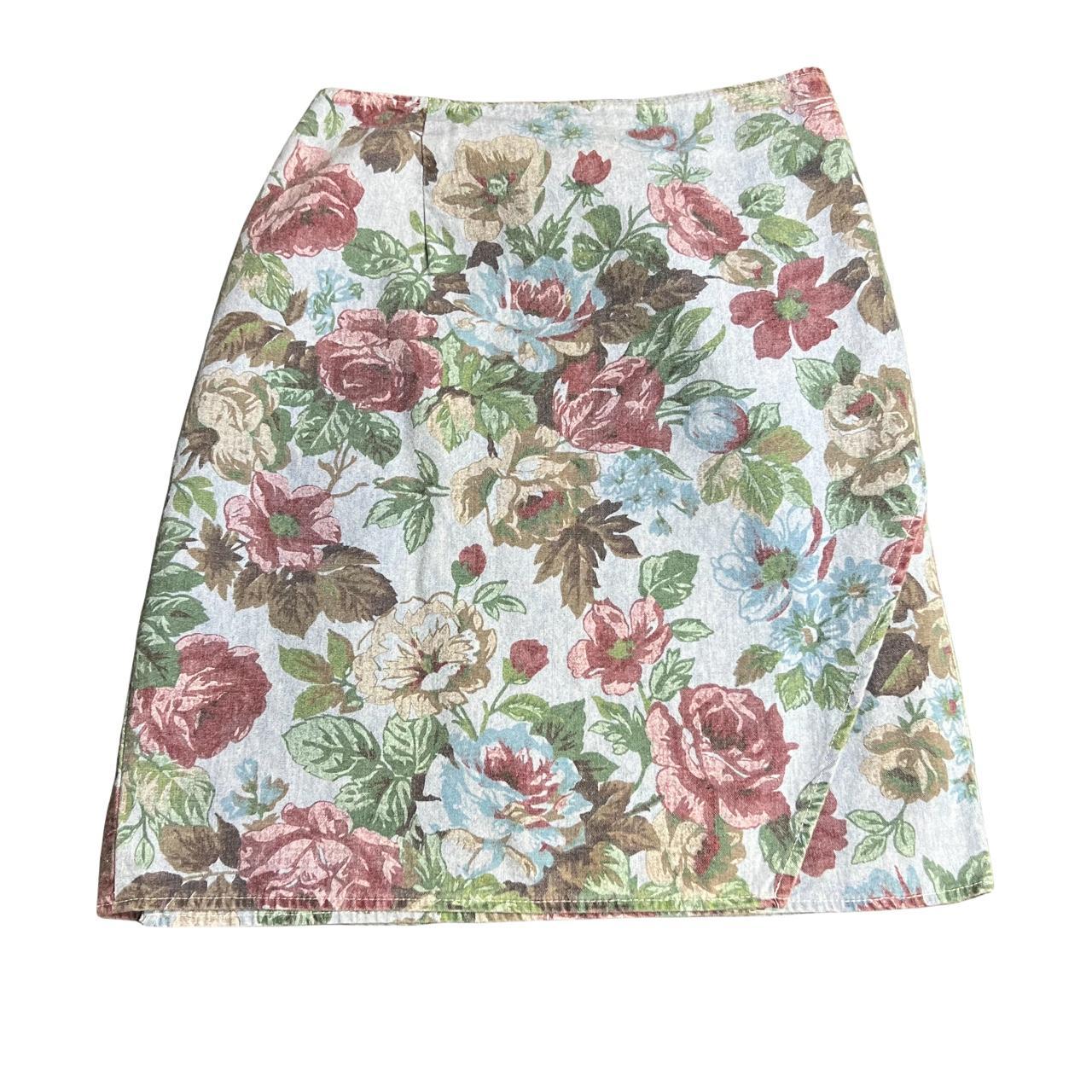 90s eRa Denim Wrap Around Skirt with floral all over... - Depop